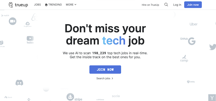 A screenshot of TrueUp's homepage