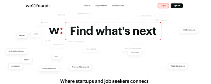 A screenshot of Wellfound's homepage