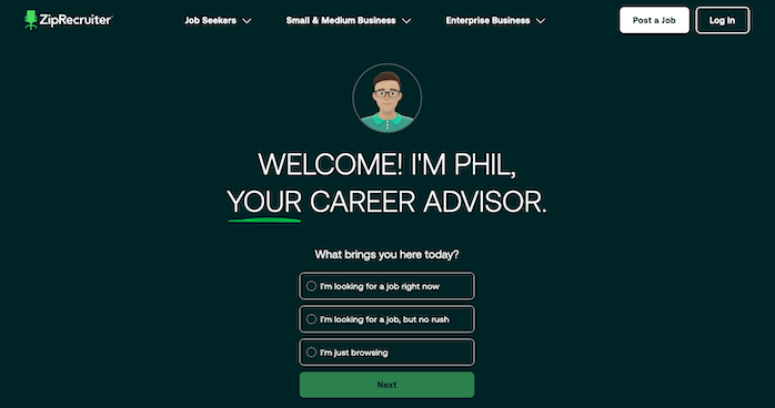 A screenshot of ZipRecruiter's homepage