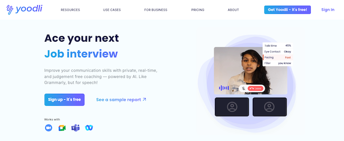 A screenshot of Yoodli's homepage