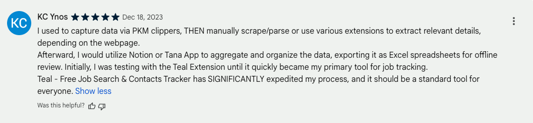 A screenshot of a Chrome Extension review giving Teal five stars as exceptional tool.