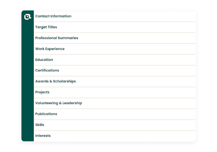 A screenshot of Teal's AI Resume Builder showing various resume sections