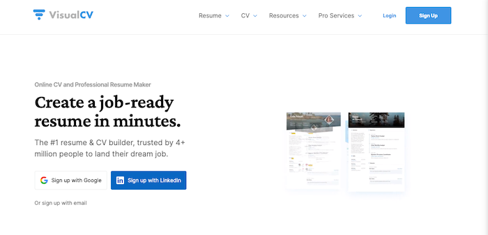 A screenshot of VisualCV's homepage