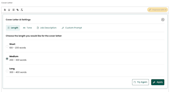A screenshot of Teal's cover letter generation tool