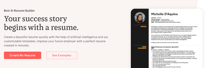 A screenshot of Kickresume's homepage