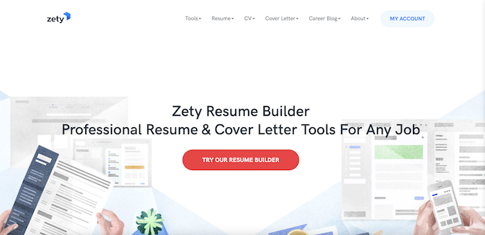 A screenshot of Zety's homepage