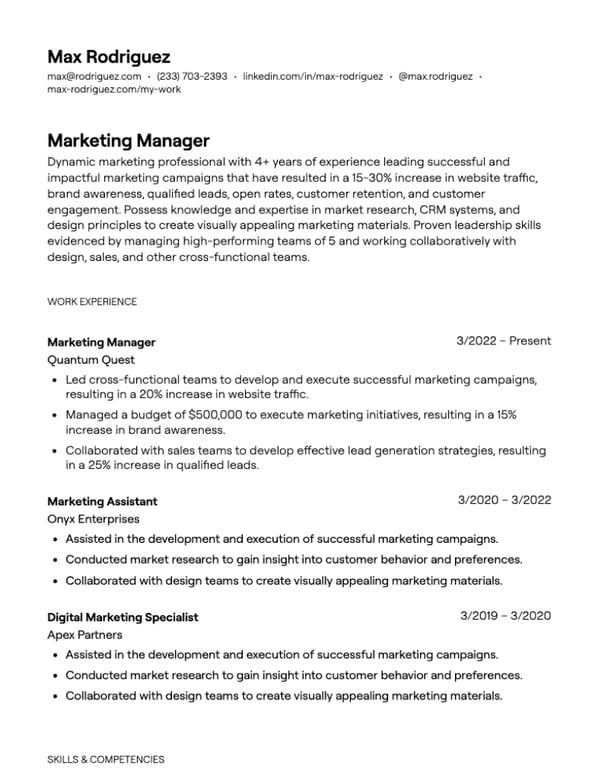 marketing manager resume bullets
