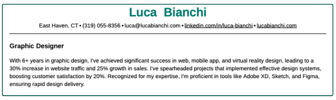 A screenshot of a professional summary 
