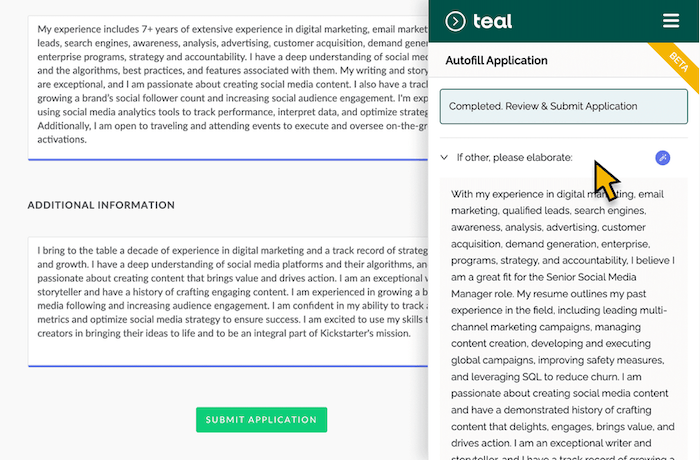 A screenshot of Teal's Autofull Application tool