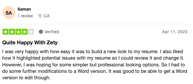 A screenshot of a Zety review
