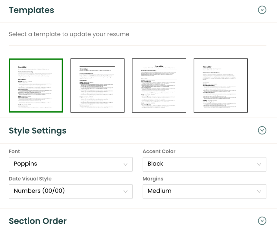 Teal's Resume Builder editor options