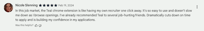 A screenshot of a Teal Chrome Web Store review to compare to Ramped reviews