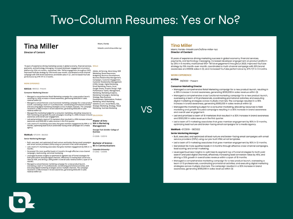 Teal resume examples for 1 and 2 columns