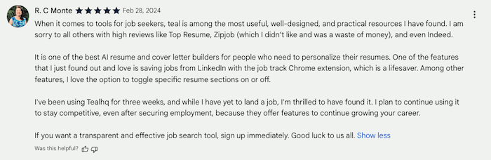 A screenshot of a Teal testimonial 