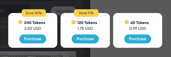 A screenshot of Novoresume’s AI token pricing