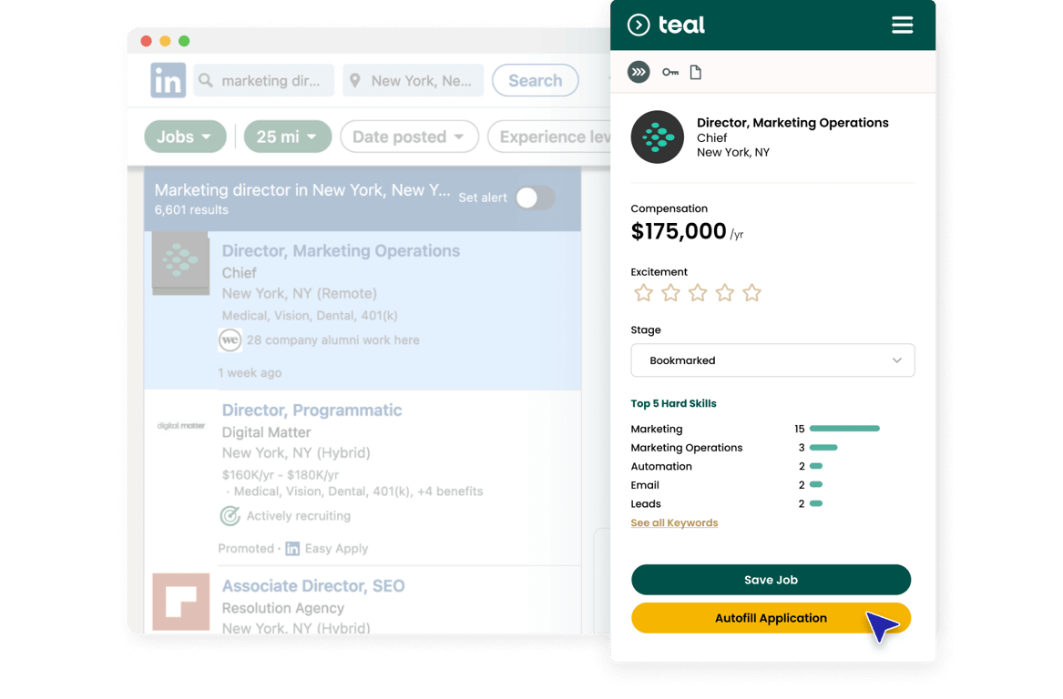 Teal's job tracker lets job seekers save jobs and see salary and skills required