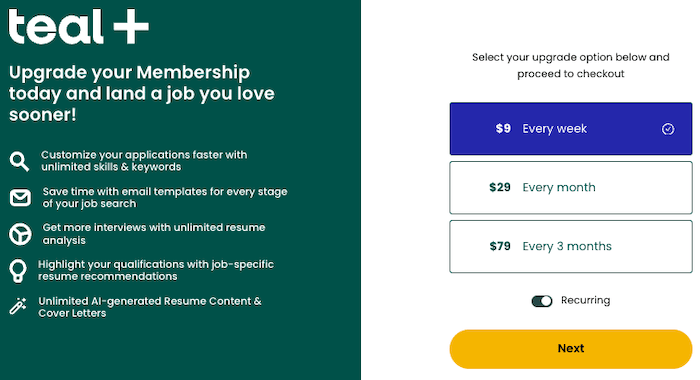 A screenshot of the Teal+ pricing model