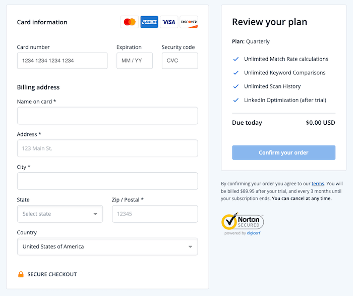 A screenshot of Jobscan’s free trial that requires a credit card