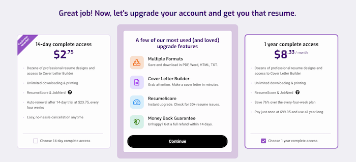 A screenshot of ResumeNerd's pricing page