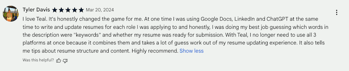 A screenshot of a Teal testimonial from the Chrome Web Store