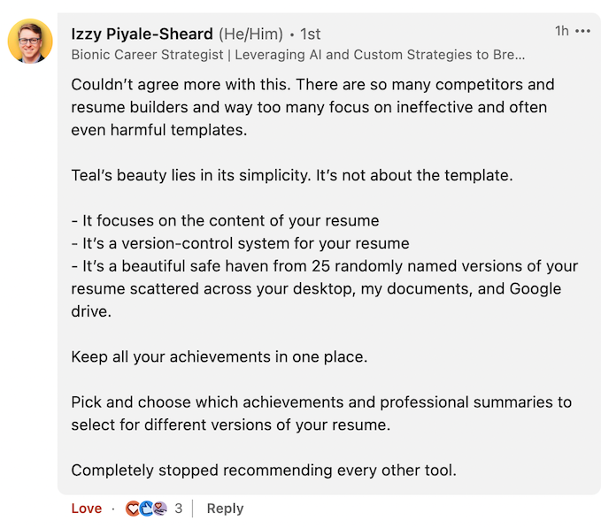 A screenshot of a Teal testimonial