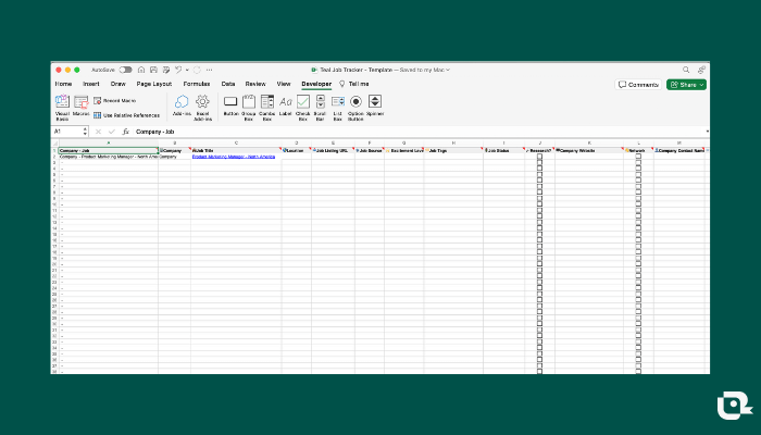 Teal's job search spreadsheet in Excel