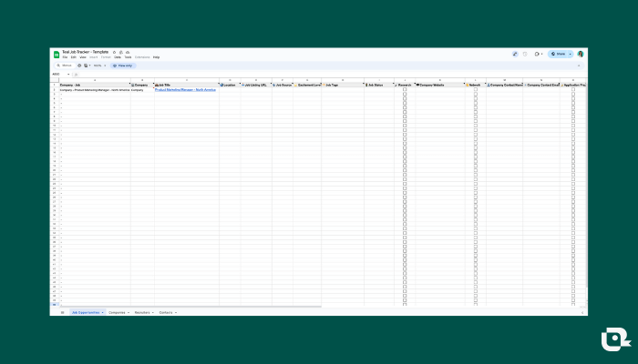 Teal's  job search spreadsheet in Google