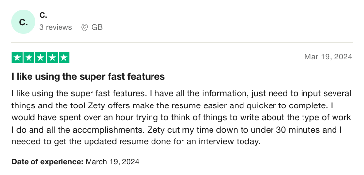 Screenshot of a positive Zety review from Trustpilot praising Zety's resume builder.