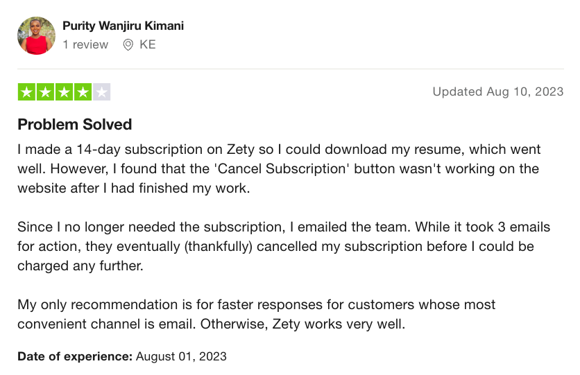 Screenshot of a Zety review from Trustpilot about the cancellation process and customer service team.