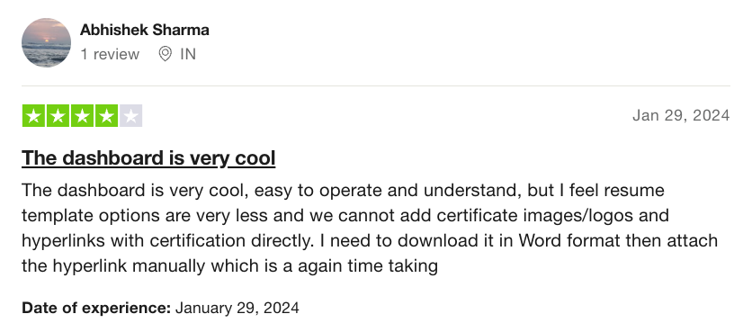 Screenshot of a Zety review from Trustpilot about the lack of resume templates.