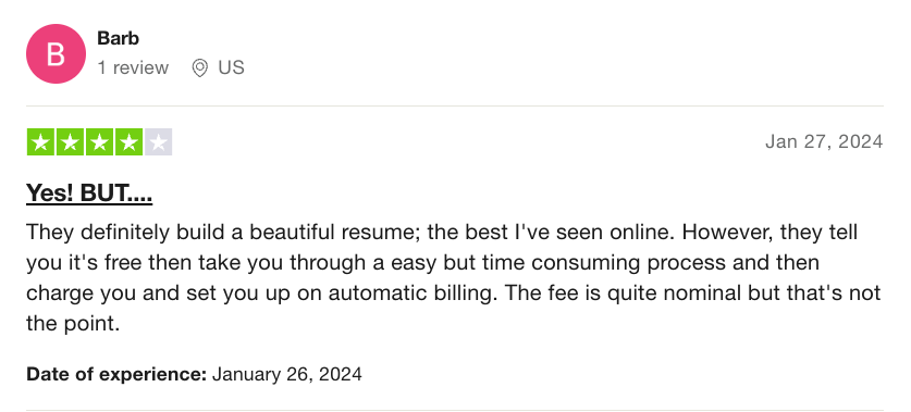 Screenshot of a review from Trustpilot about the Zety cost.