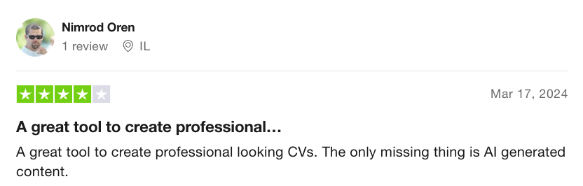 Screenshot of a Zety review on Trustpilot about the underwhelming AI features for building an online resume.