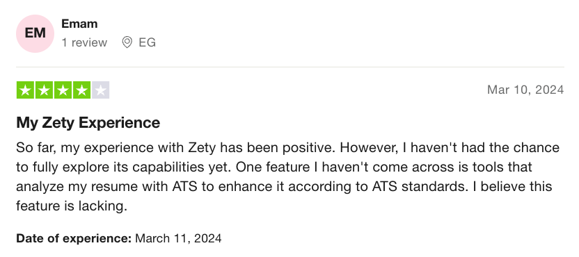 A Zety review from Trustpilot about the lack of features for optimizing an online resume for ATS.