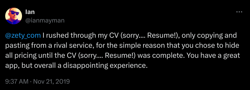 A Zety review on X concerned about pricing transparency for Zety's resume builder.