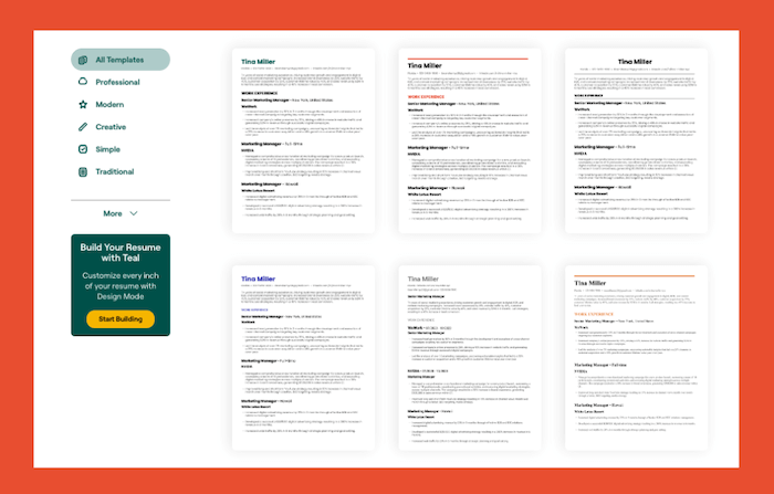 Teal's resume templates for quickly updating a resume