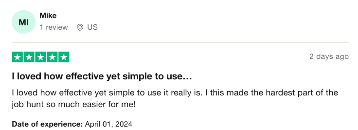 5-star kickresume review on trustpilot notes its simplicity