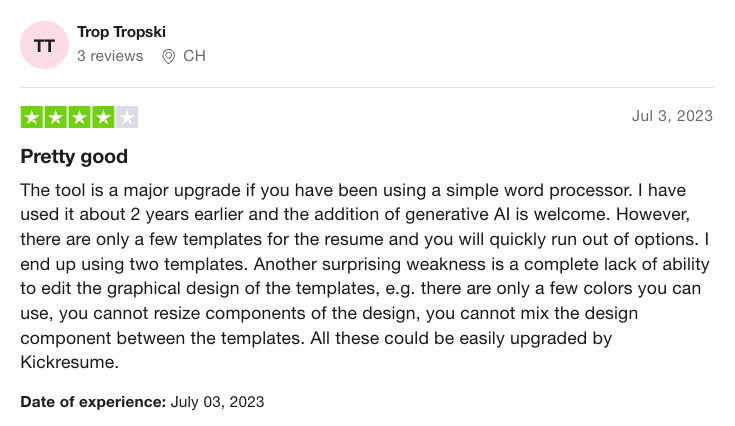 4-star review of Kickresume's chrome extension