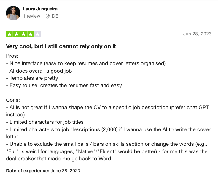 Kickresume reviewer on Trustpilot points out pros and cons, including limited characters and AI limitations