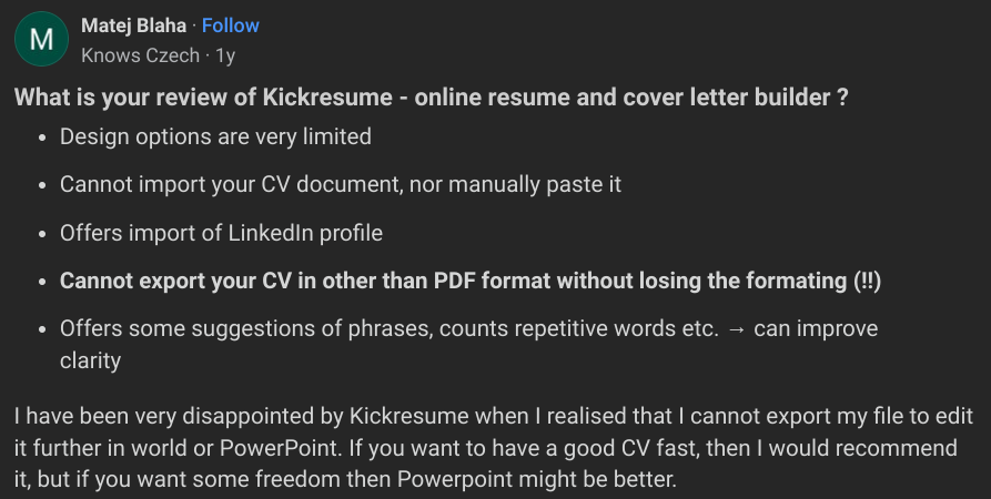 Kickresume review on Quora