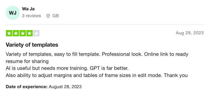 4-star Kickresume review on Trustpilot says GPT is better