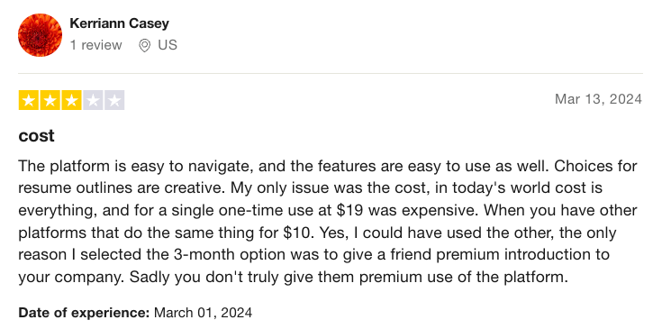 On kickresume review says the resume builder is expensive