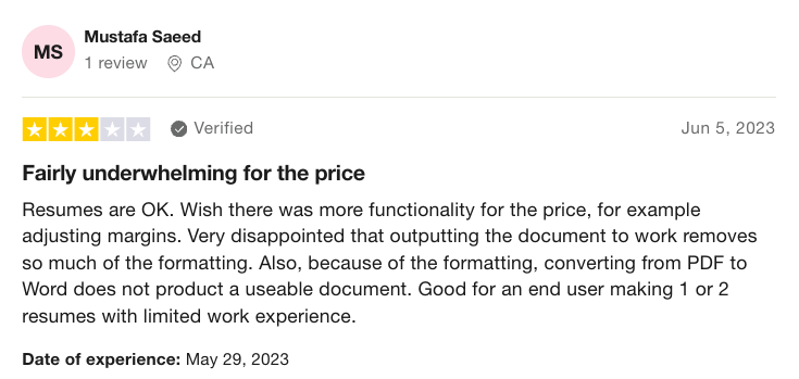 Trustpilot review of Kickresume says the resume and cover letter builder is fine but overpriced.