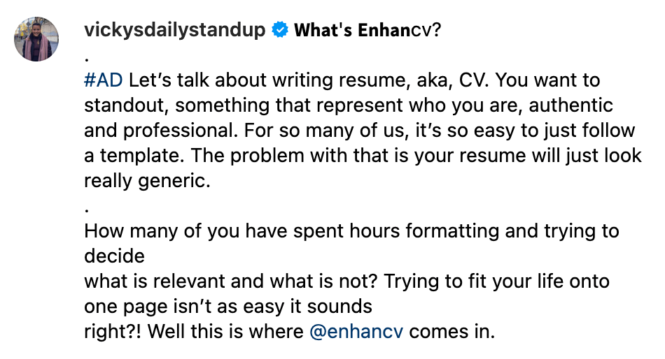 Instagram post of Enhancv