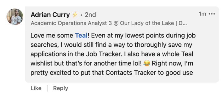 LinkedIn post on Teal's Job Tracker