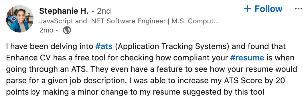 LinkedIn post on Enhancv