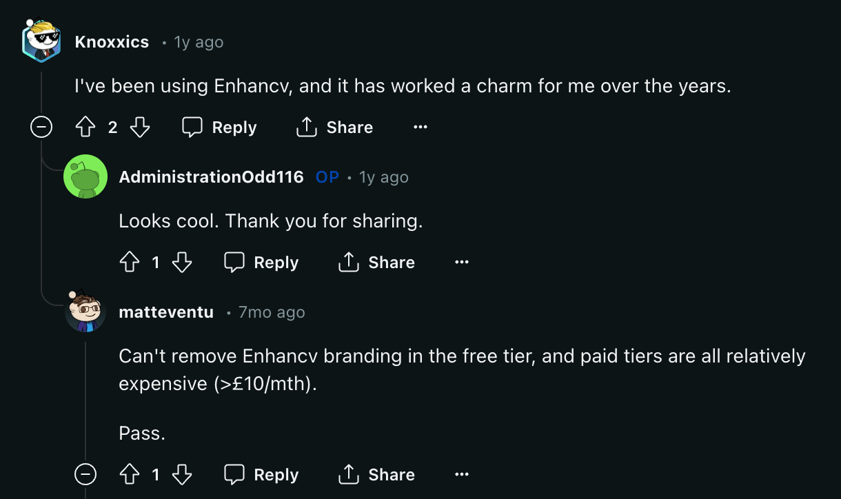 Reddit post on Enhancv