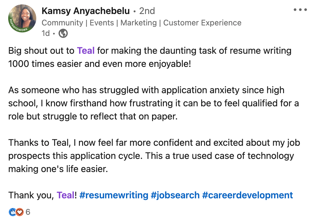 LinkedIn post on Teal's resume builder