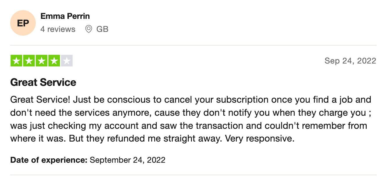 4-star TrustPilot review of Enhancv
