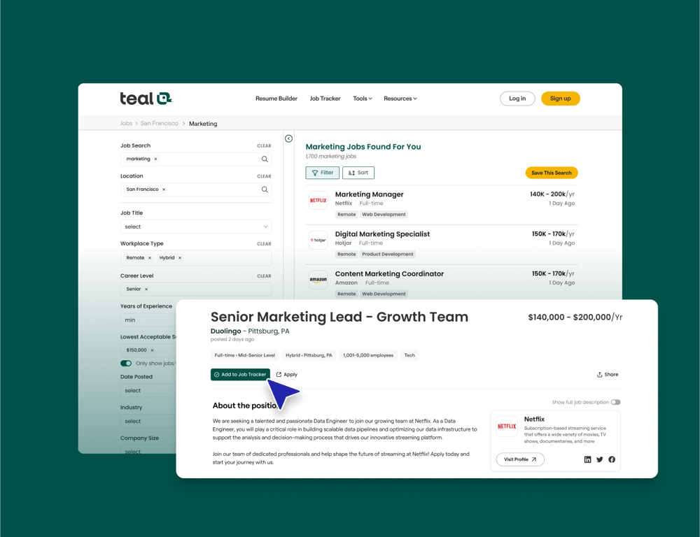 Teal's Job Search feature lets users save jobs directly to their Teal Job Tracker