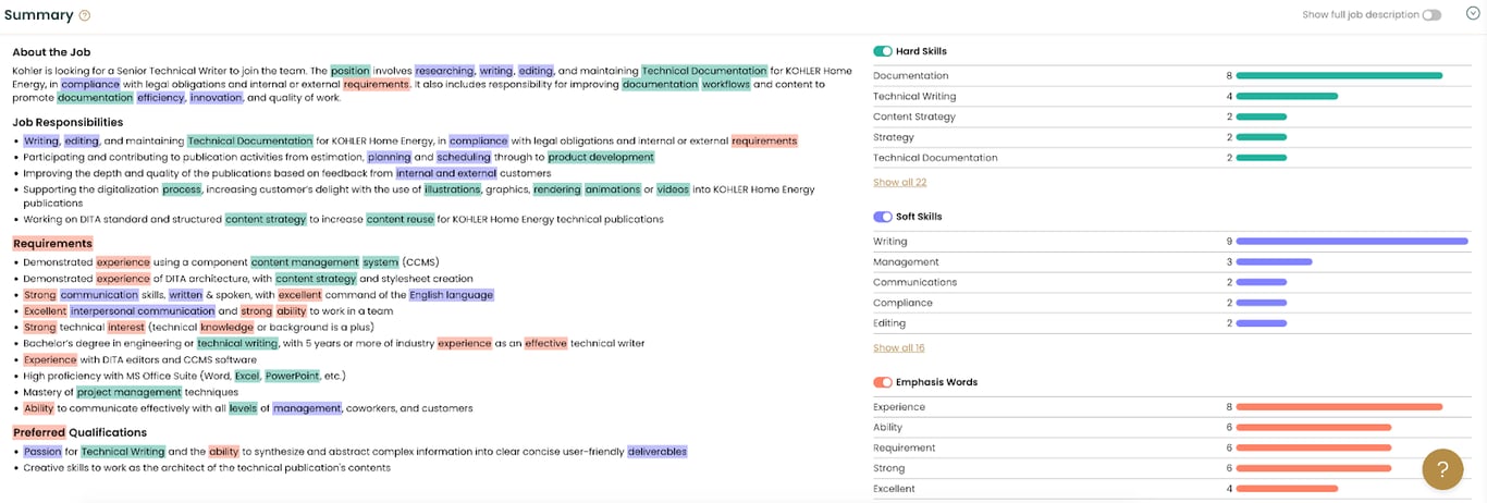 Teal Matching Mode surfaces important skills and keywords from a job description